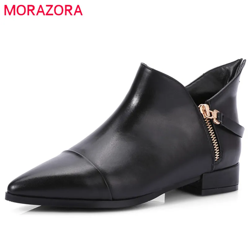 

MORAZORA Big size 34-42 ankle boots for women genuine leather boots pointed toe fashion handsome womens boots solid