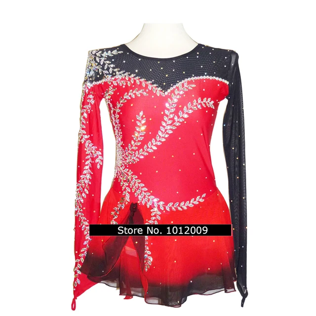 Cheap Customized Costume Ice Skating Figure Skating Dress Gymnastics Red Adult Child Girl Skirt Competition Leaves Shiny Rhinestone