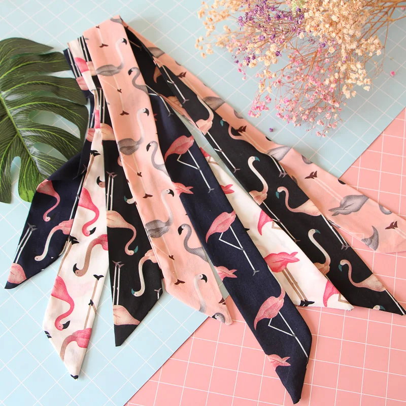 

4Colors Narrow Scarf Women's Small Scarf Flamingo Ribbon Bandana Hair Band Chic Long Silk Like Scarf Hijab Decoration
