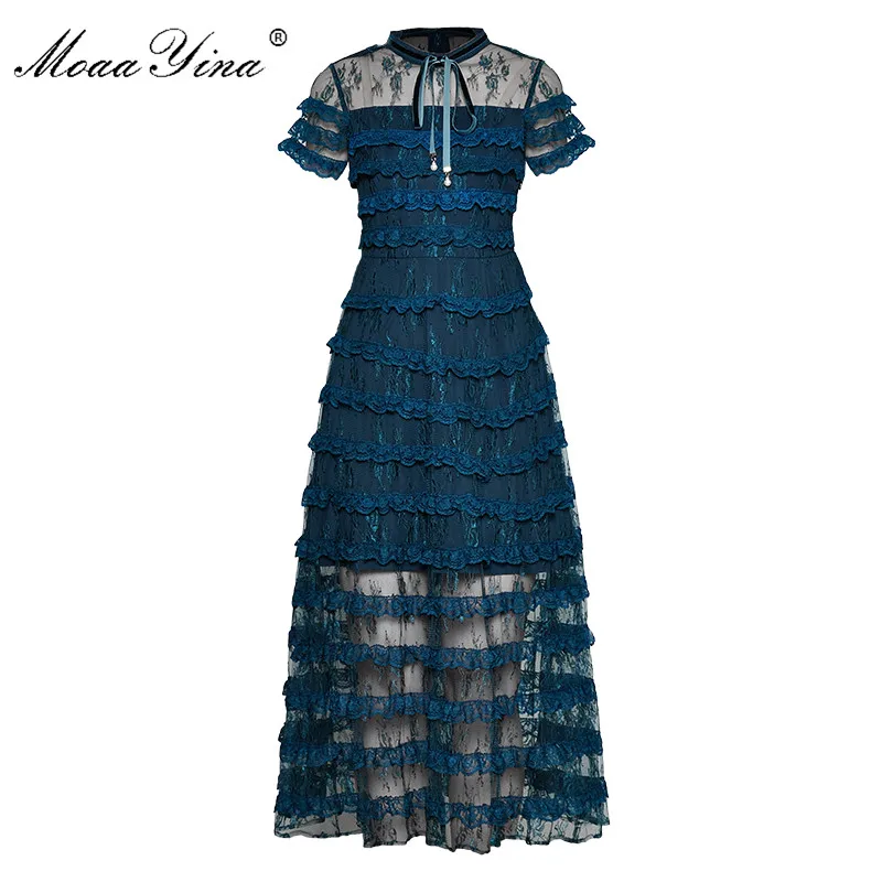 MoaaYina, модное дизайнерское подиумное платье, весна-лето, женское платье с коротким рукавом, кружевное, тонкое, Каскадное, с рюшами, элегантные платья - Цвет: Синий