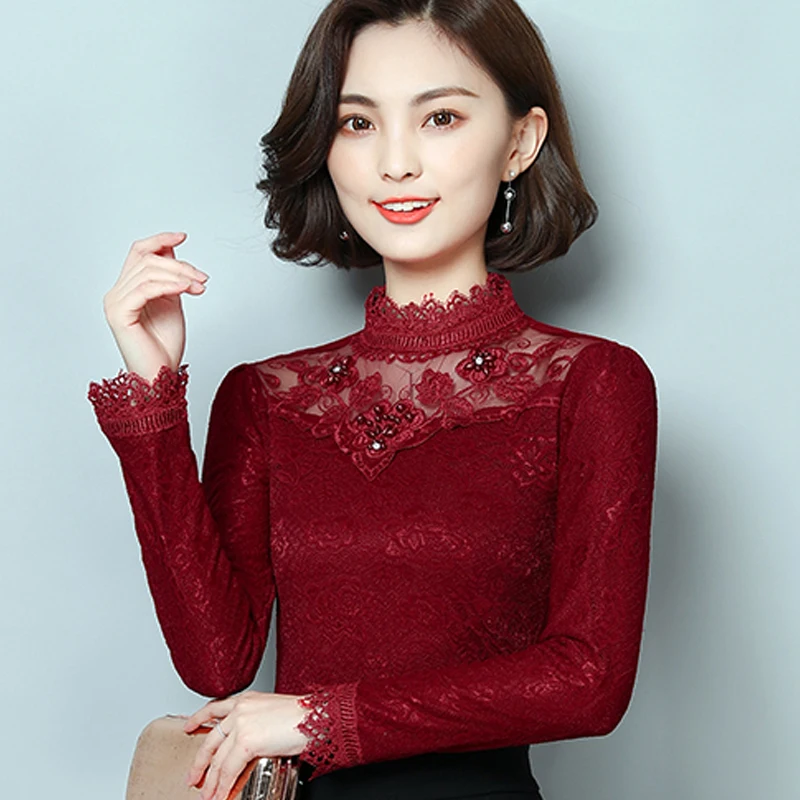 Сексуальная черная кружевная блузка, рубашка, женские топы, элегантная открытая блузка, Осенние Топы, женская блузка с длинным рукавом, блузки размера плюс S-5XL - Цвет: Wine red