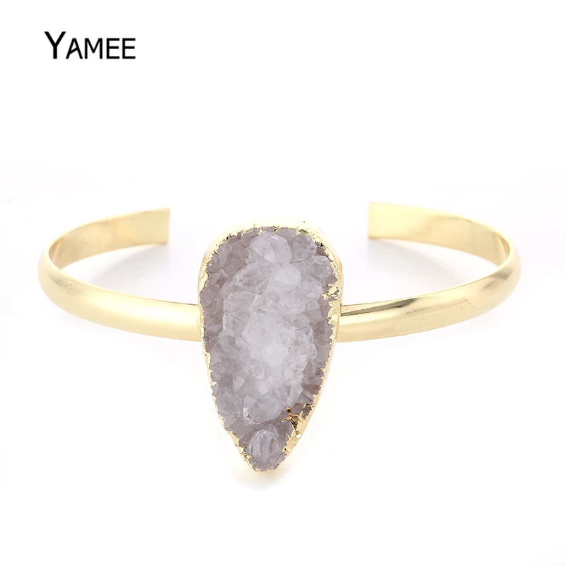 

Natural Mineral Crystal Bracelets Bangles Gold Plating Open Cuff Bangles For Women Big Large Druzy Stone Bangles Fashion Jewelry