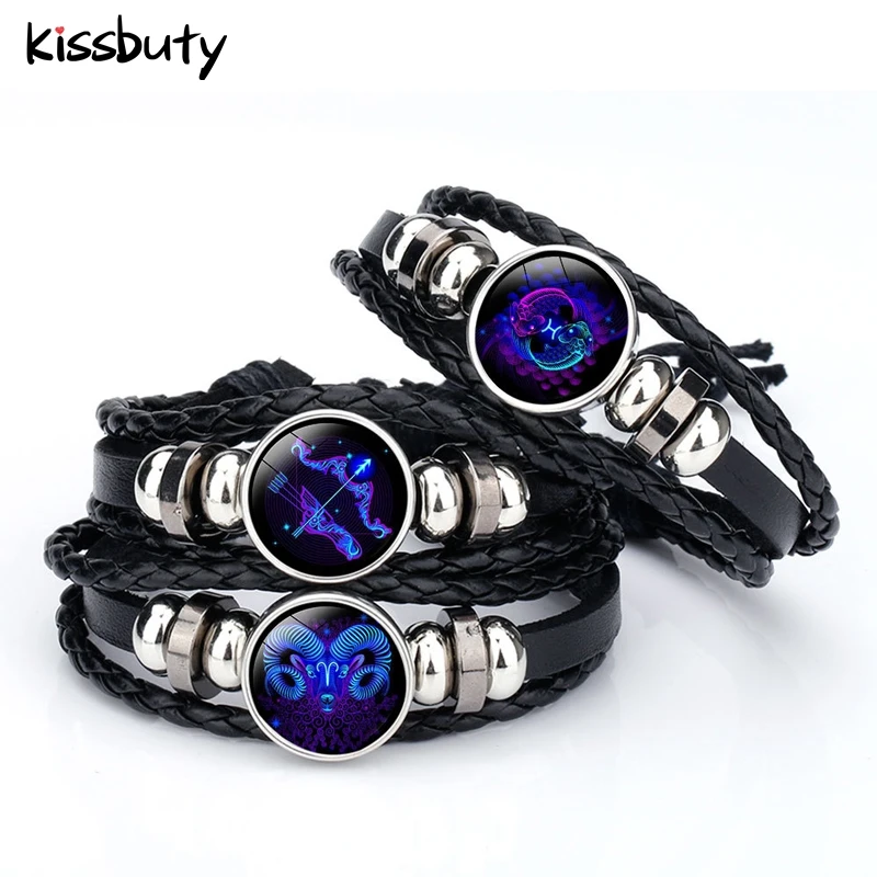2019 Blue Eternity 12 браслеты с изображениями созвездий Зодиак знаки панк кожаный
