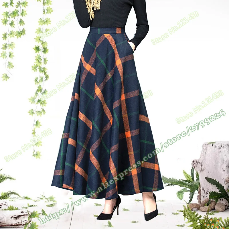 2019 Herfst En Winter Casual Plus Size 6XL 5XL Wollen A-lijn Plaid streep Maxi Rokken Vrouwen/vrouwelijke een lijn lange Rok falda