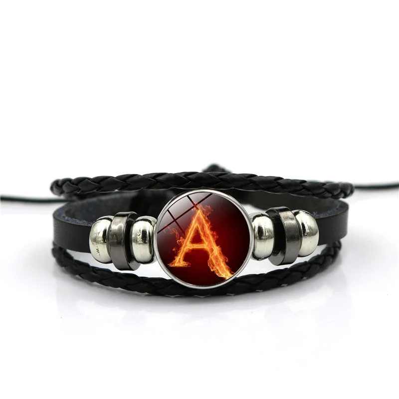 Flame A-M Letters Bracelet PersonalityTeam Name Rope Bracelet Black Leather Bracelet Men Women Fashion - Окраска металла: 1