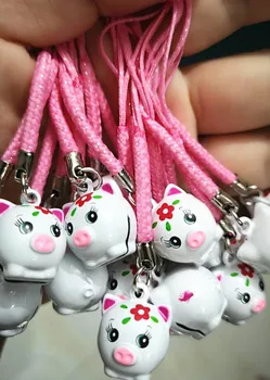 

Hot Sale lot 100 pcs Cute Cartoon Pig white Pendant Key Chains With Bell Gifts Favors kids party gifts