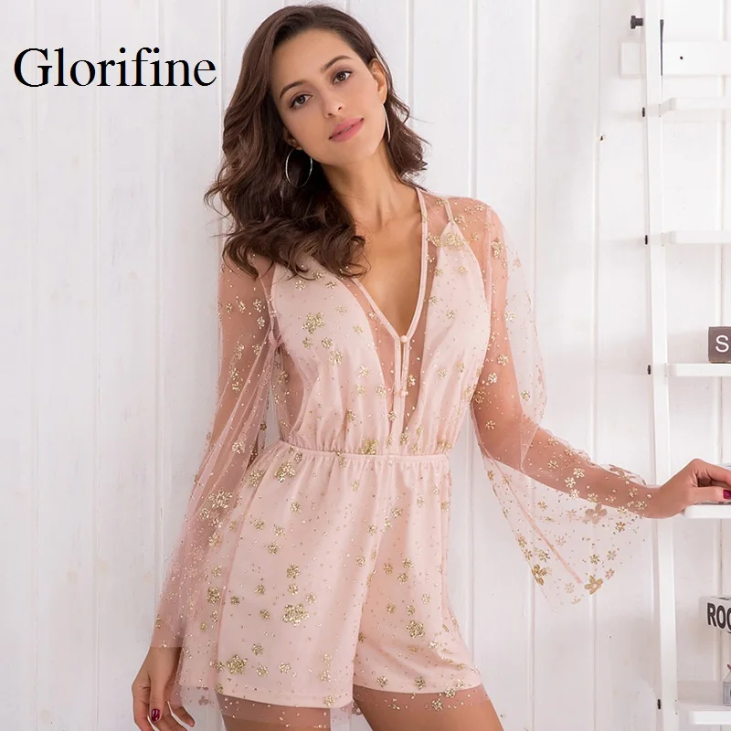 

Glorifine Brand Women Fashion Lace Perspective Flower Playsuits Tops Female Jumpsuits Romper Sexy Mesh Camisole Summer V-Neck