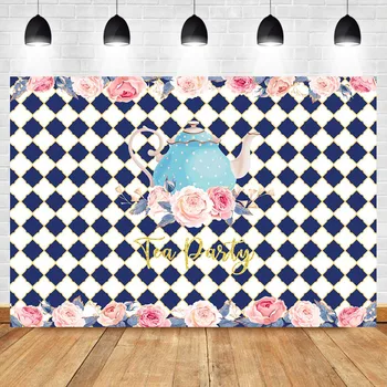 

NeoBack Tea Party Backdrop Happy Birthday Party Photography Background Blue and White Lattice Backdrops