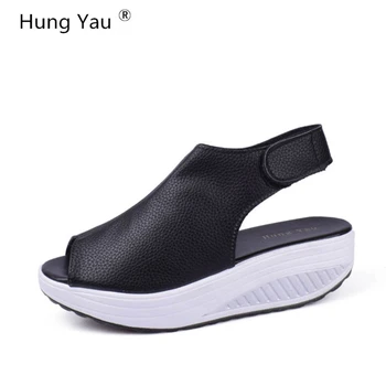

Hung Yau Summer Sandals Women Shake Shoes Thick Wedges Creepers Platform Leather Shoes Women Sandals Casual Flats Shoes Size 43
