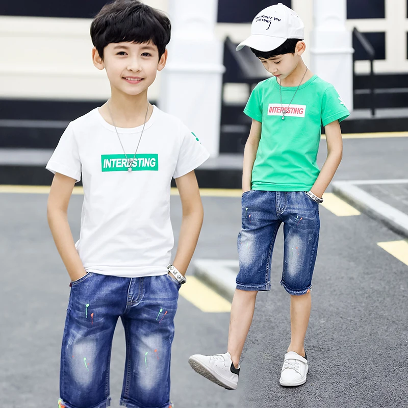 

FYH Summer Kids Clothing Set Boys Short Sleeve T-shirt+Denim Pants Children Letter Printed T-shirt+Pants 2pcs Boys Clothes Suit