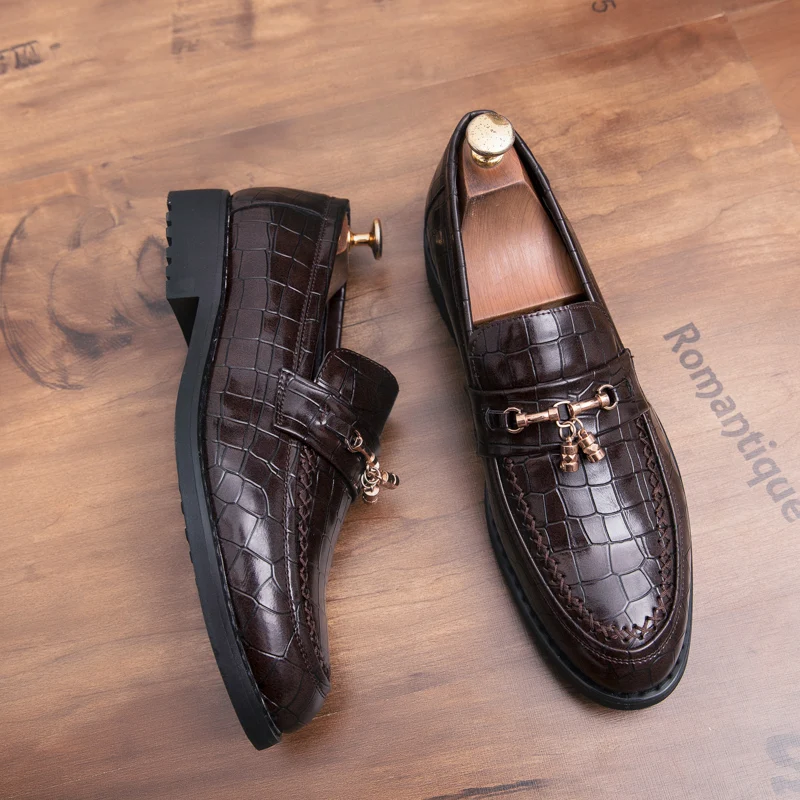 En Style Italien Chaussures Luxe Peau Mocassins Noir Robe Cuir Crocodile Plaid Bureau Mariage Grande Hommes marron Marque Taille De nvpwqXnz