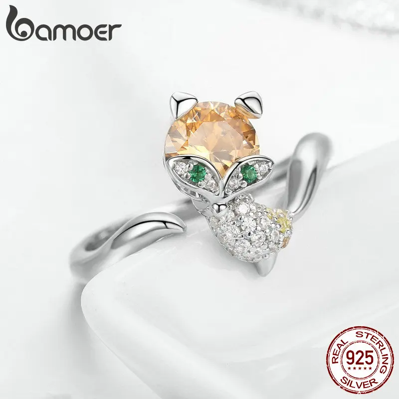 BAMOER, новая коллекция, 925 пробы, серебряное, маленькая лиса, палец, кольцо, животное, кристалл, CZ, кольца для женщин, свадебные ювелирные изделия SCR477