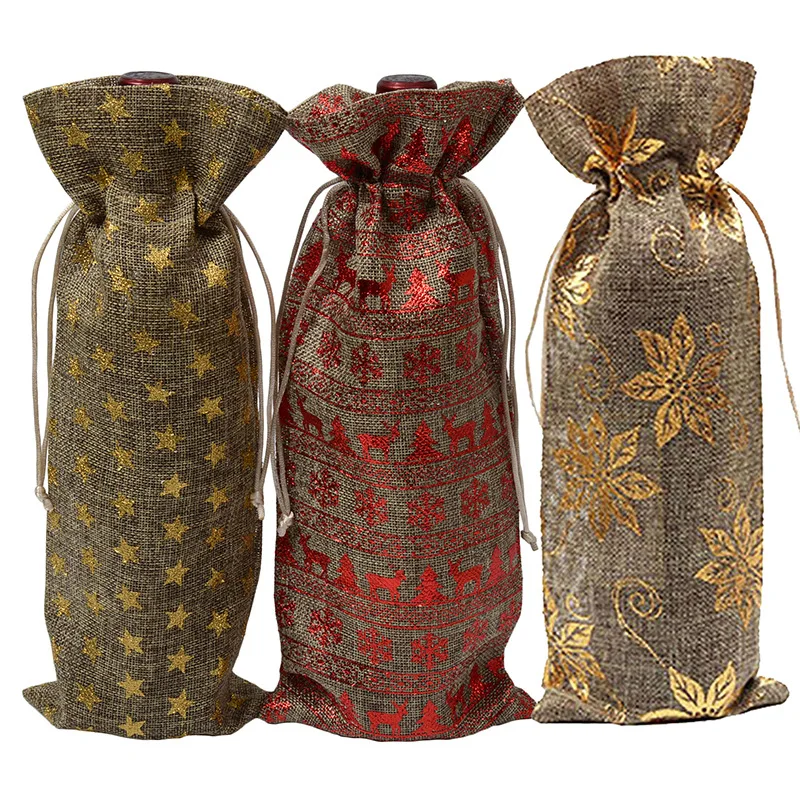 

Burlap gilt red wine bag Christmas wine bottle set gift bag Snowflake elk champagne wine packaging drawstring harness pocket