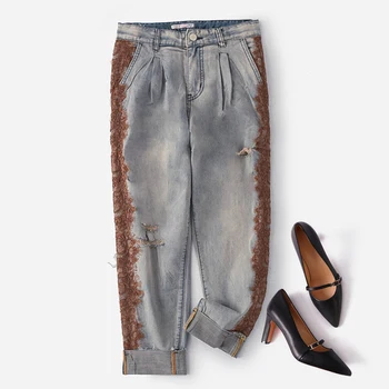 

Summer Spring Vintage Womens High Waisted Ripped Hole Lace Patchwork Ankle Length Harem Pants , Jeans , Denim Trousers For Woman