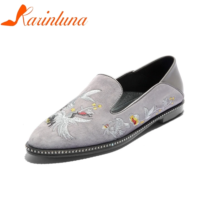 

KARINLUNA 2018 Summer Natural Kid Suede Women Loafers Embroider Shallow Flat slip-on Low Heels Women Casual Shoe