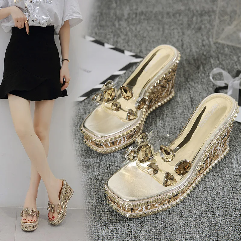 European and American elegant wedges sandals and slippers rhinestone sequins high-heel slippers fashion sweet womens flip flop
