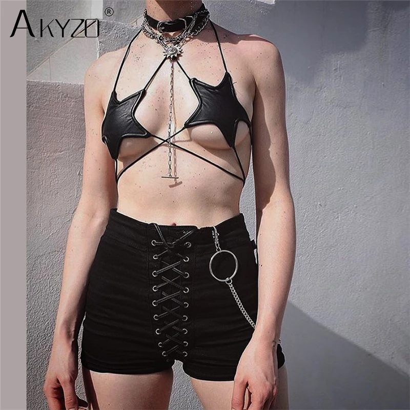 

AKYZO Women Summer Sexy Black Star Bustier crop Top Simple Hanging Neck Tank Casual Women bandage cami Tops
