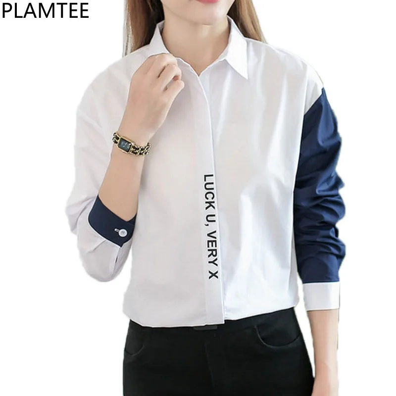 

PLAMTEE Patchwork Women Tops Letter Blouse Long Sleeve Shirt Female Korean Style Blusas Mujer Print Autumn New Camisas Femininas