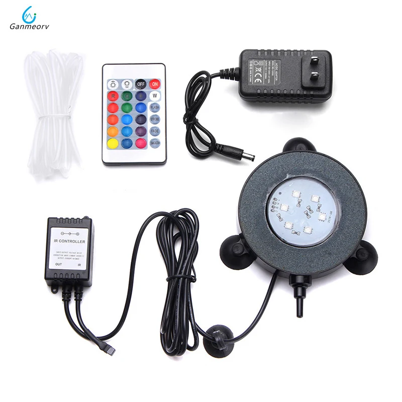 

6 LED RGB Aquarium Round light Spotlights Garden Pond Pool Increase Oxygen Fish Tank Air Stone Bubble Light + 24Key Remote