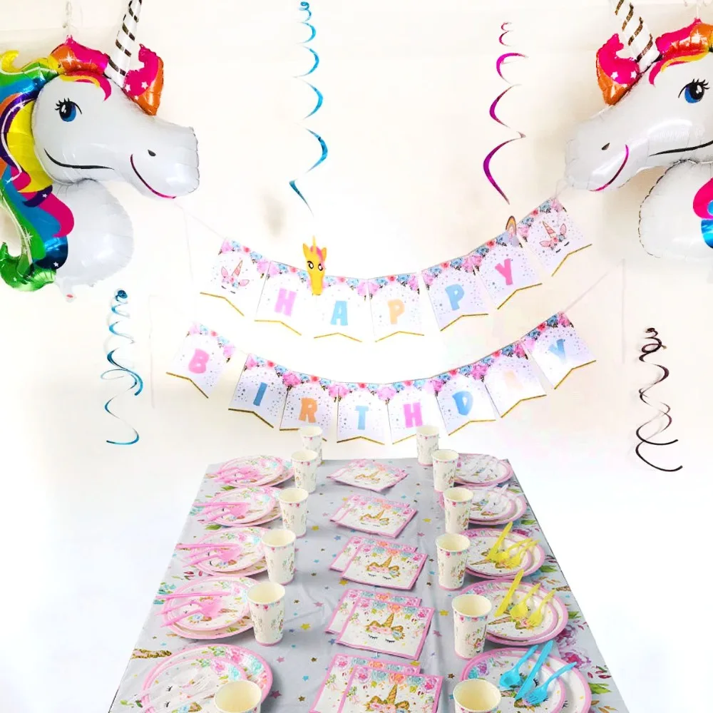 С Днем Рождения Единорог воздушный шар из фольги для вечеринок Unicornio бумажные стаканчики и тарелки 1-й День рождения украшения Детские душ вечерние принадлежности