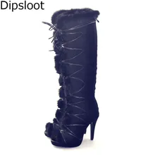 Новые женские сапоги до колена, украшенная повязка из меха норки, на шнуровке, с открытым носком женские сапоги на тонком высоком каблуке, зимние высокие сапоги