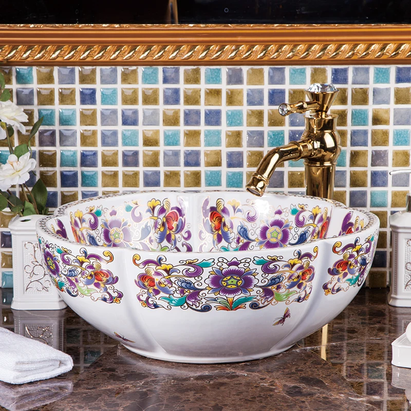 Europe Vintage Style Ceramic Art Basin Sinks Counter Top Wash Basin Bathroom Vessel Sinks vanities countertop ceramic wash basin (3)