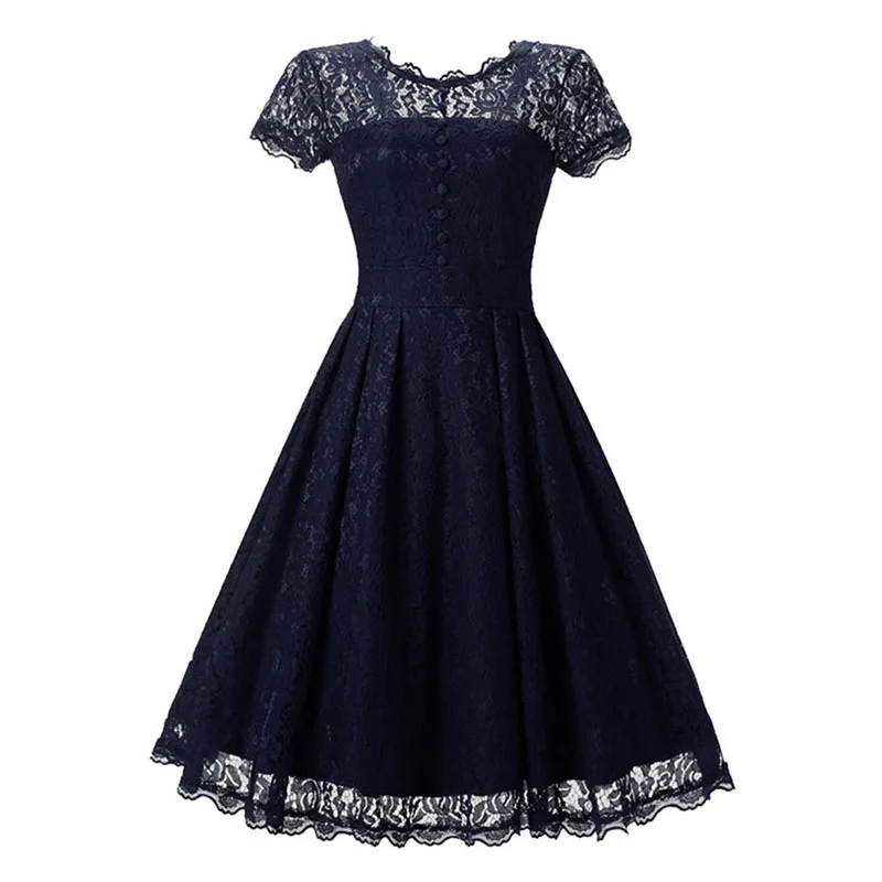 Sisjuly старинные женские платья линии 1950-х годов летнее платье кружева о шею черный пуговица элегантный женский вечерние платья для девочки - Цвет: Dark Blue