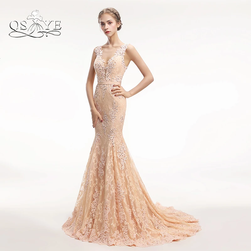 Qsyye新しいシャンパンロングウエディングドレス18レースビーズエレガントシースルーバックフォーマルイブニングドレスパーティーガウン Long Prom Champagne Long Prom Dressesprom Dresses Aliexpress