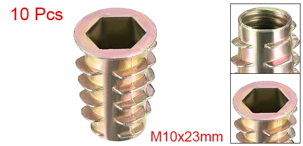 Uxcell Горячее предложение Высокое качество 10 шт. M6 M8 M10 бронзовый тон цинковый сплав шестигранный привод плоская головка резьба для деревянной вставки гайка мебельные гайки - Цвет: M8x23mm