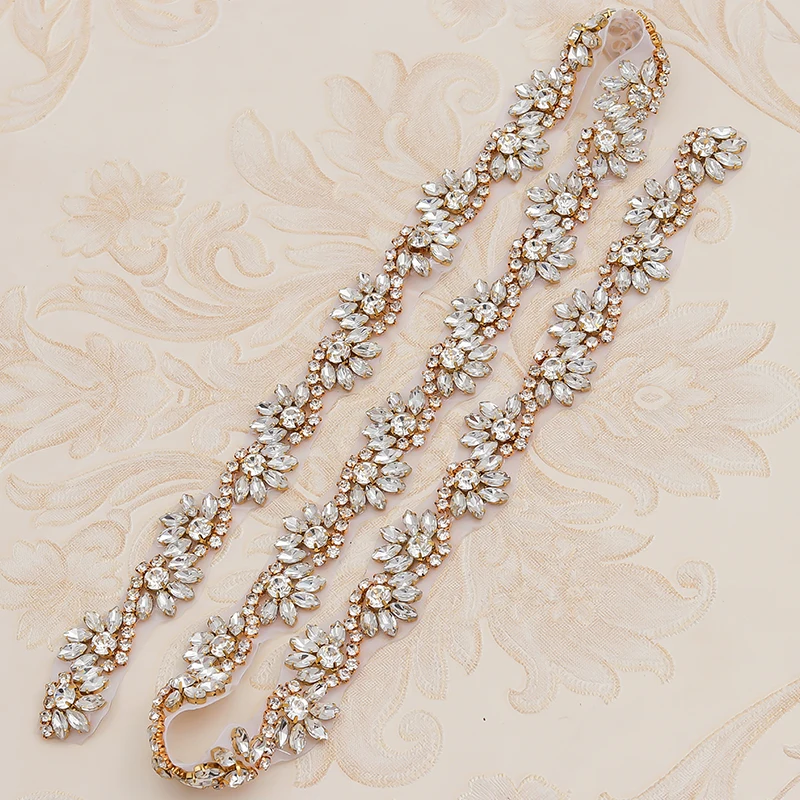 1 Yard White Rose Silver//Gold Leaf Rhinestone Trim Applique Wedding Dress Belt