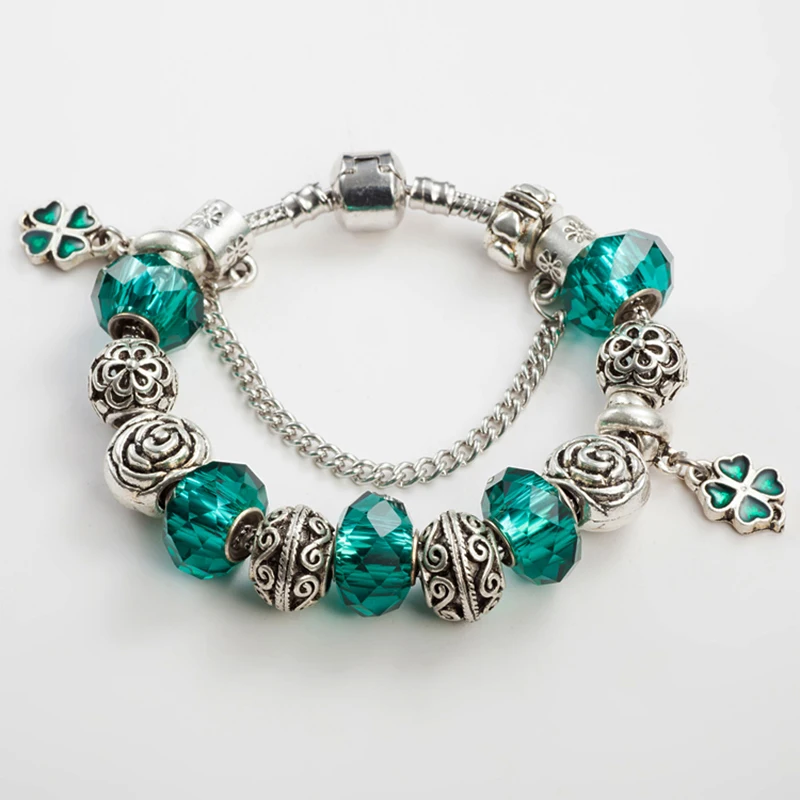 

ANNAPAER Shine Fashion Antique Silver Color Green Clover Charm Jewelry For Women Gift DIY Beads Fit Original Bracelets B15256