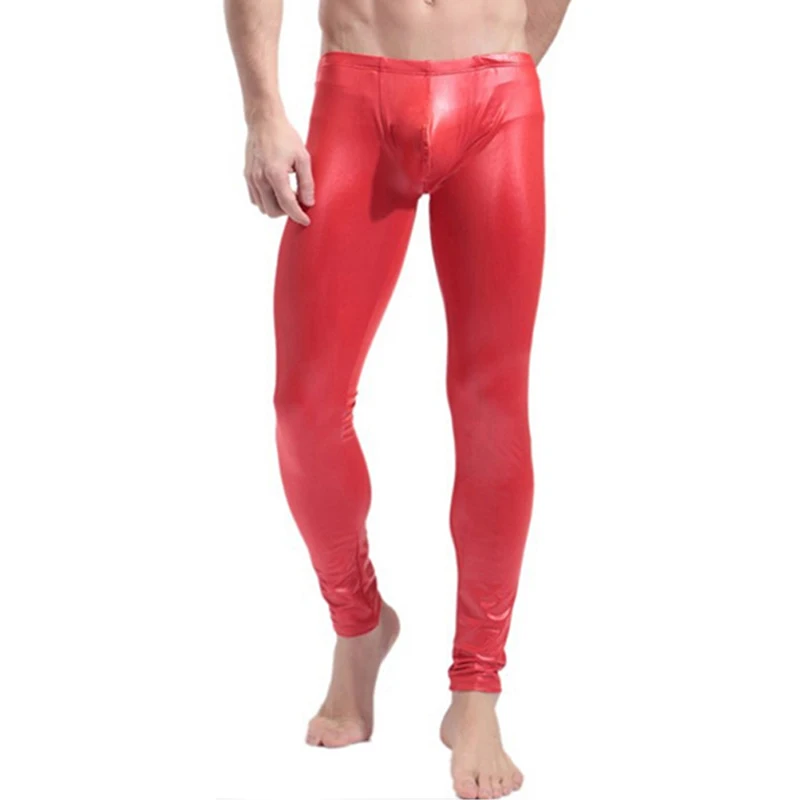 High Elastic Mens Black Red Faux Leather Latex Pencil Leggings Wetlook Bondage Pants Gay Male Fashion Tight Boxer Underwear - Цвет: Красный