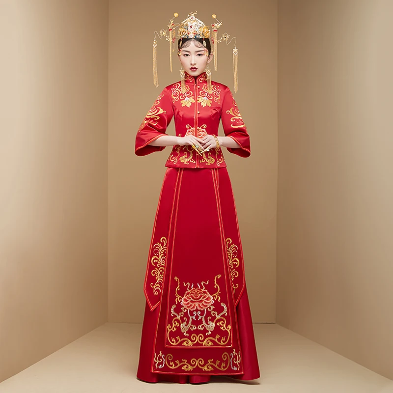 

Exquisite Chinese Women Qipao Evening Dress Classic Embroidery Flower Marriage Suit Cheongsam Ancient Mandarin Collar Vestidos