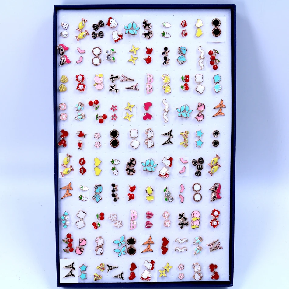 

Factory 100pair Mixed Design Cute Exquisite Alloy Plated With Imitation Gold Mini Stud Earrings With Colorful Oil Painting