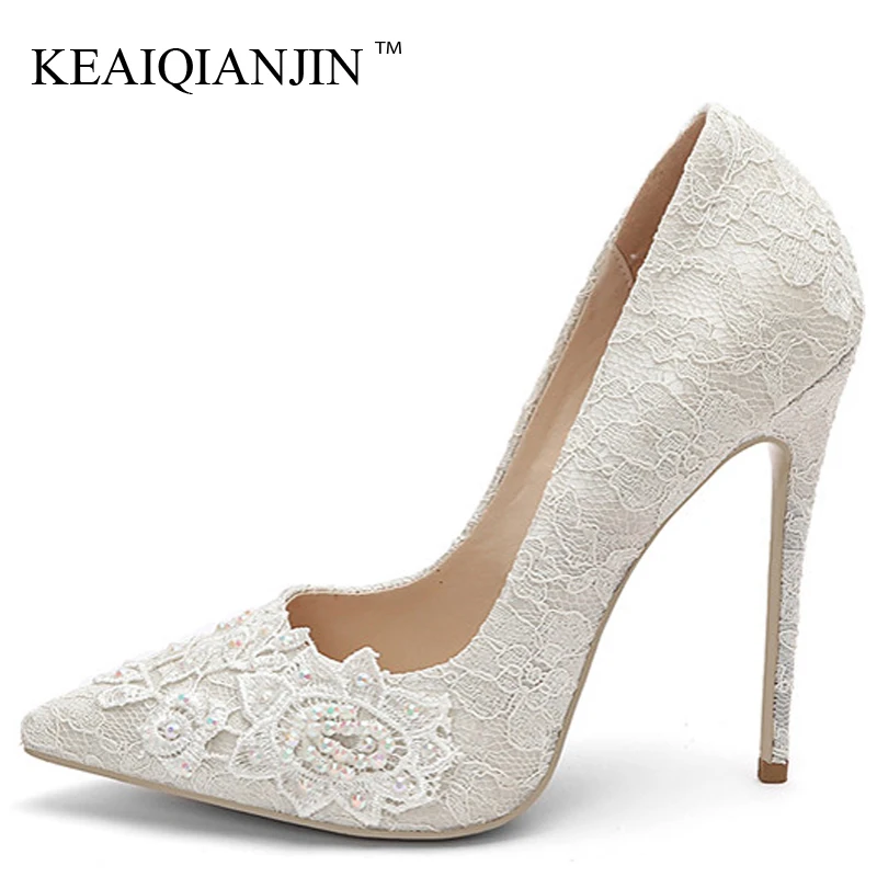 

KEAIQIANQJIN Sexy Woman High Heels Shoes Heel Shoes Women's White Embroider Plus Size Pointed Toe Pumps Party Stiletto Graffiti