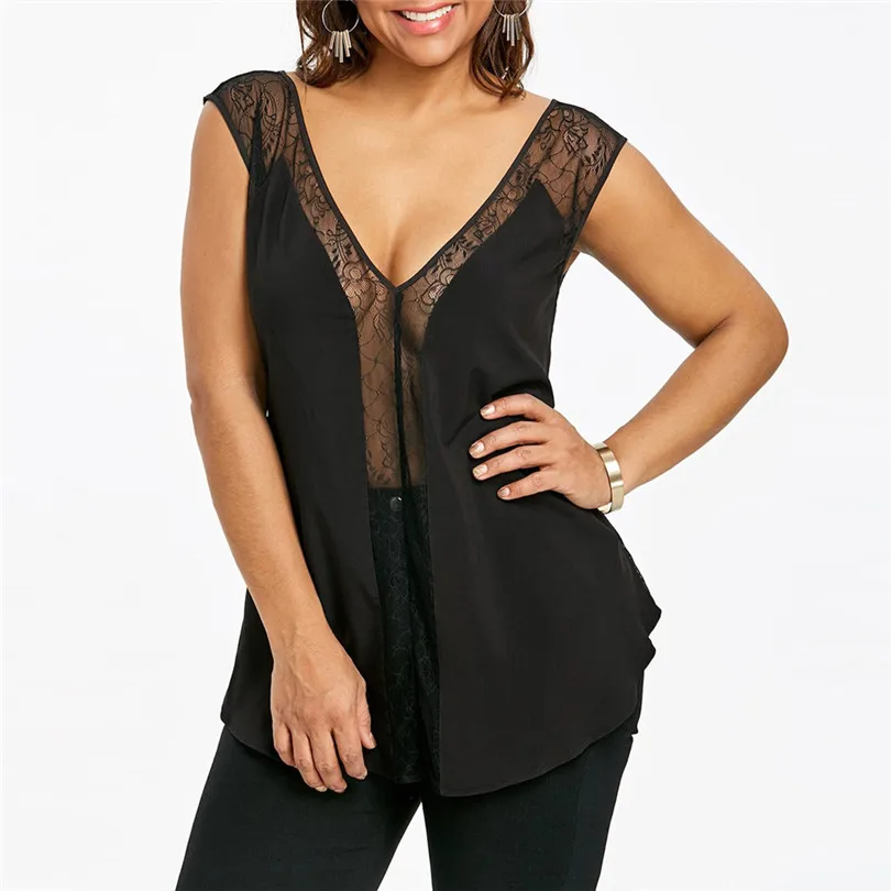 

KWAN_Fashion vogue Women tankini plus Size Lace Panel Sheer Low Cut Hollow Out Perspective tank top women tankini new 2019 Top #