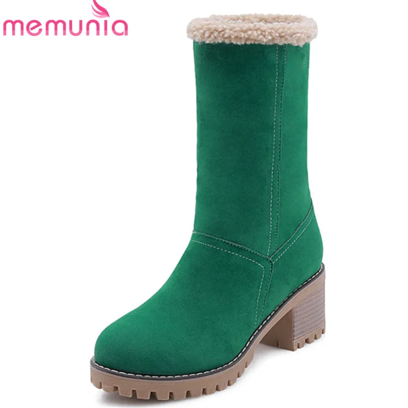 

MEMUNIA 2019 new arrival ankle boots women flock round toe winter boots slip on sqaure heels shoes keep warm snow boots woman