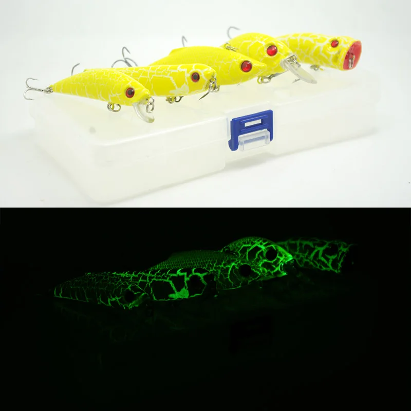 Free Shipping Night Fishing Lure Bait Kit Glow In Dark VIB Popper Crank