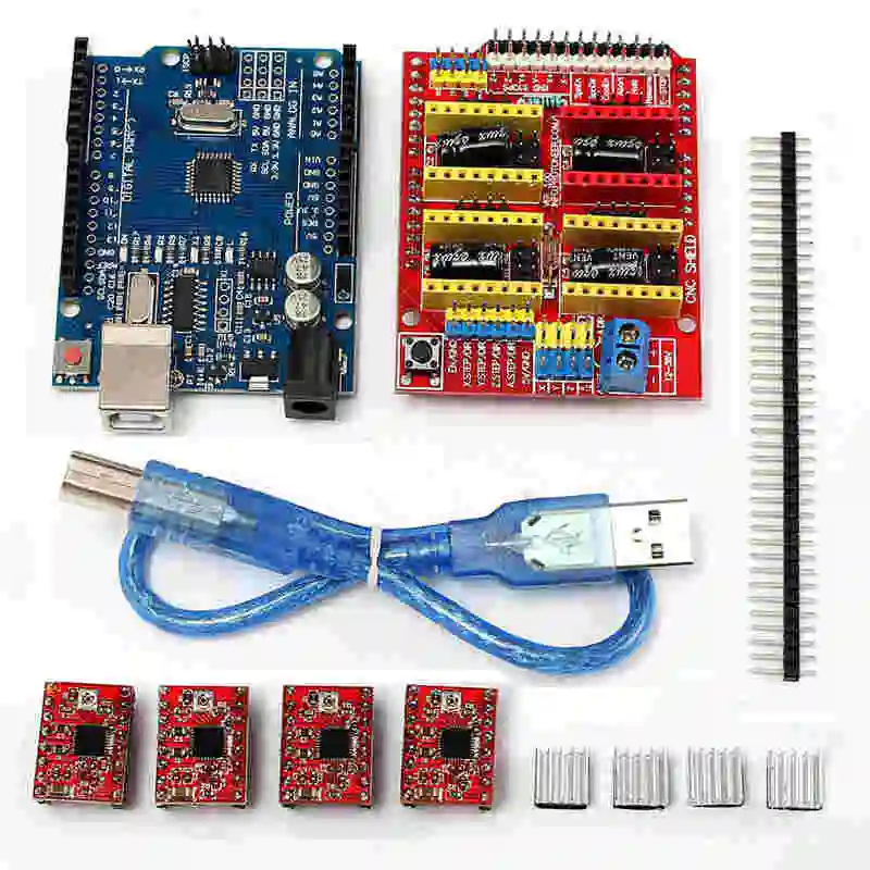 CNC Shield Expansion Board for Arduino 3D Printer kit + 4 x A4988 Stepper Motor Driver with Heat Sink + micro usb for UNO R3