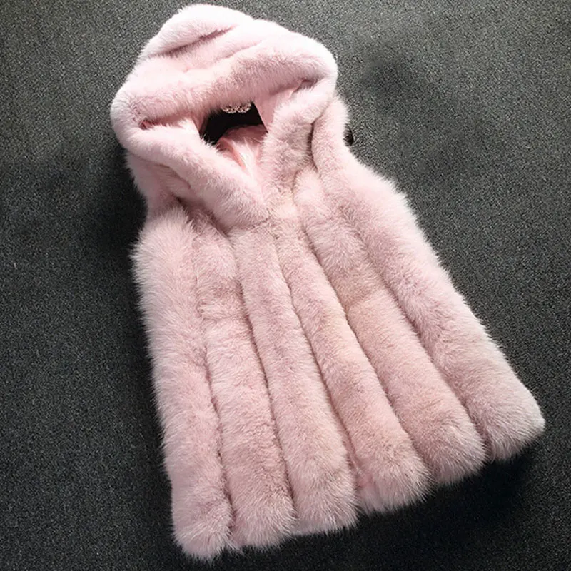 Faux Fur Coat Winter Women Casual Hooded Warm Slim Sleeveless Faux Fox Fur Vest Thick Jacket Coat Women Casaco Feminino Tanks
