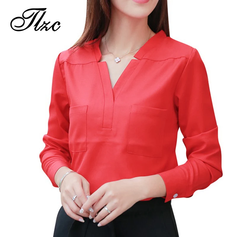 TLZC V-neck Desain Wanita Kemeja Putih Ukuran M-3XL Warna Solid Lady Mode Blouse 2017 Gaya Singkat Wanita Kasual Tops