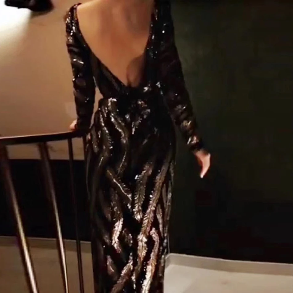 Новинка, облегающее платье с длинным рукавом, круглым вырезом и открытой спиной, длинное черное платье с блестками, облегающее вечернее платье с геометрическим рисунком и блестками