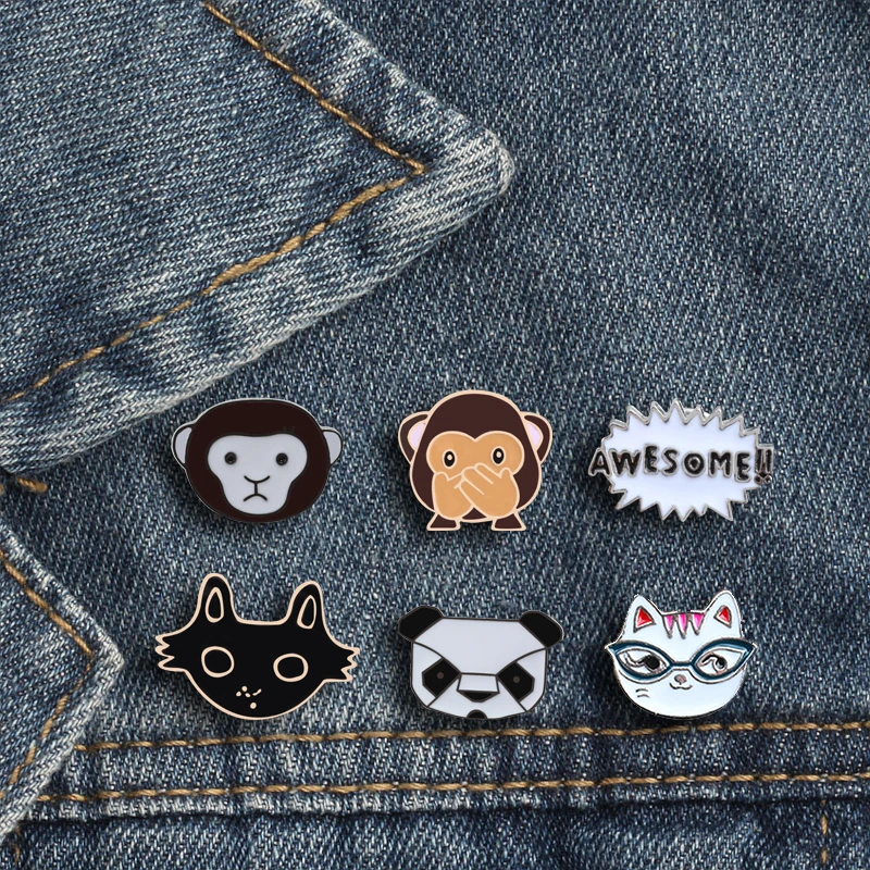

Funny Face Brooches Pin Buttons Monkey Panda "AWESOME" Cat Pin Badges Metal Buckles Denim Collar Shirt Accessories Women Jewelry