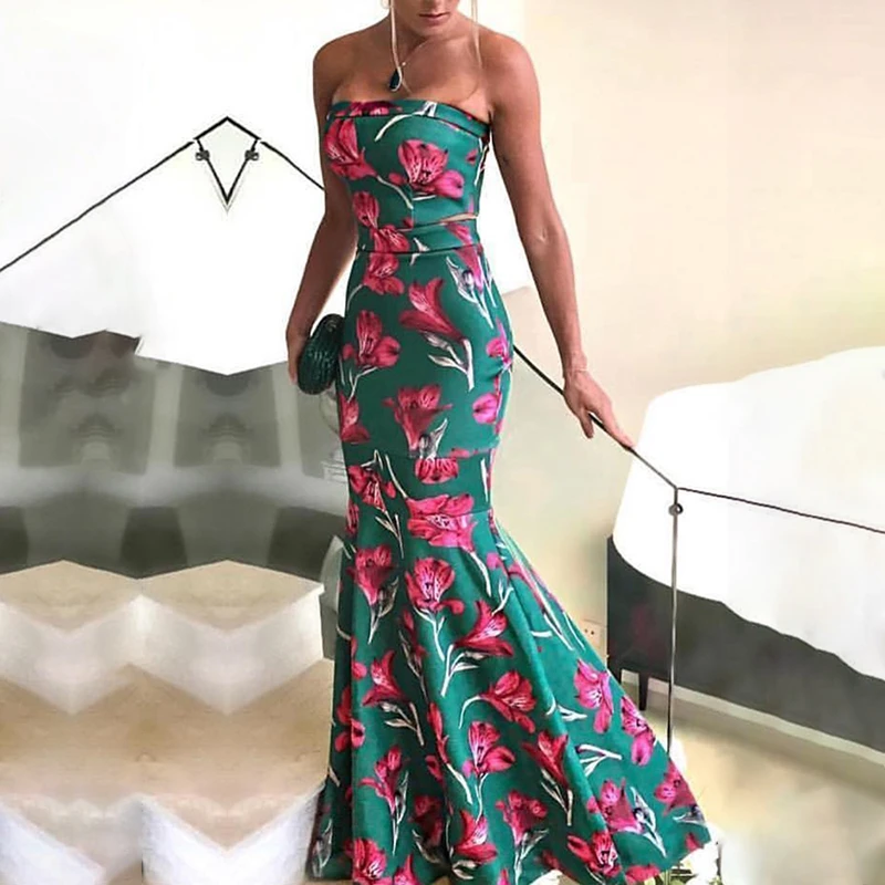 Verano 2018 moda mujer elegante largo Prom trompeta Maxi vestido femenino Sexy Forma Floral cola de pez Hem vestido de fiesta - AliExpress