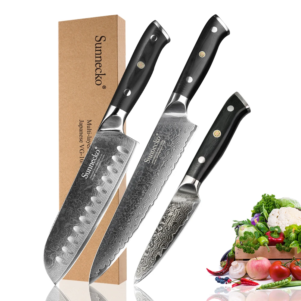

SUNNECKO 3PCS Kitchen Knives Set Damascus Santoku Chef Paring Knife Japanese VG10 Steel Blade G10 Handle Sharp Meat Fruit Cutter