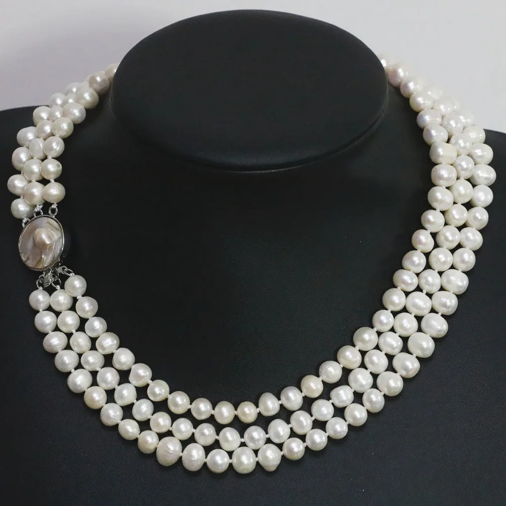 

Free Shipping >>>>Natural white freshwater pearl 3rows necklace round bead 7-8mm shell clasp chain