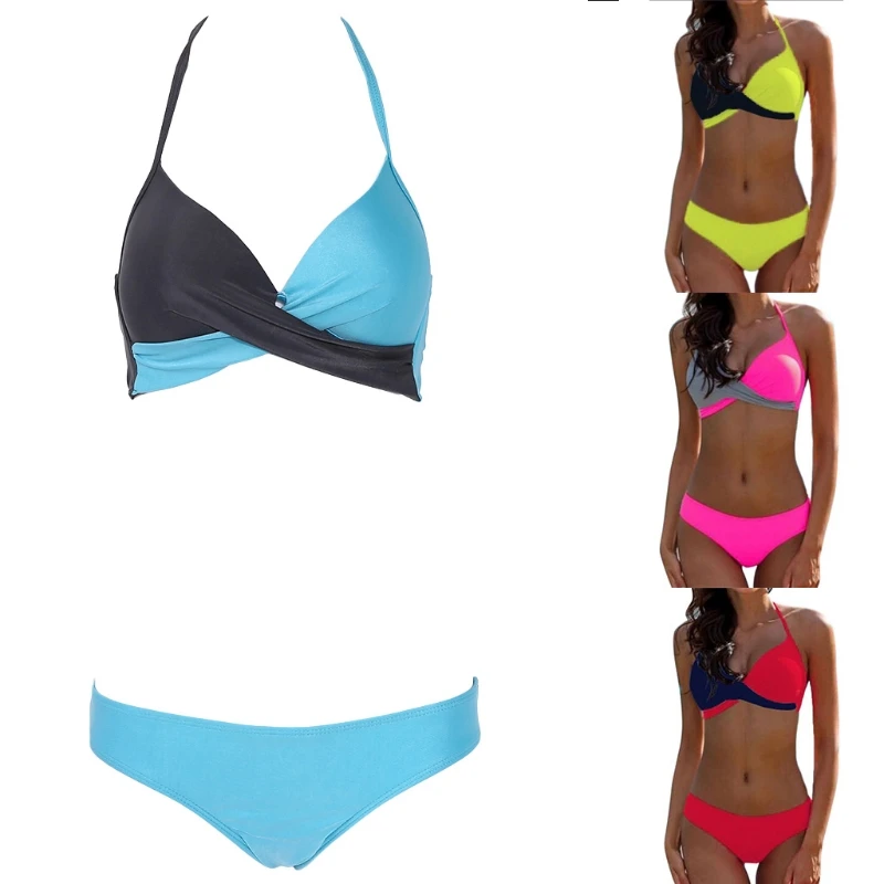 

Women Sexy Color Block Bandage Push-UP Padded Bra Halter Swimsuit Bikini Set New