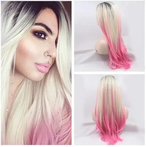 Hot penjualan 2 T pink abu abu ombre  wig alami  halus 