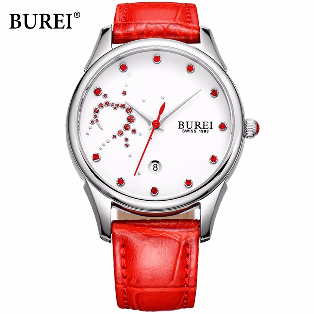 BUREI ladies mosaic red crystal quartz watch waterproof sapphire