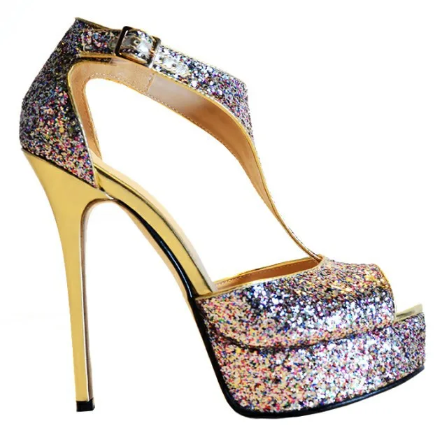 

Custom-made Sequins Platform Cover Heel Women Sandals Thin High Heels Sandals Open Toe Summer Shoes 2015 Gladiator Jelly Sandals